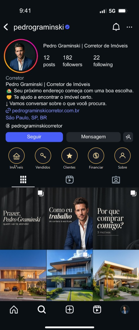 Perfil profissional de Pedro Graminski no Instagram com bio estratégica, destaques e posts fixados